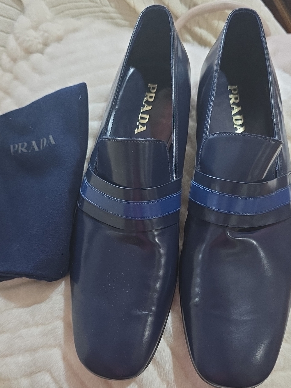 Prada Navy Leather Slip-On Loafers with Blue Strap